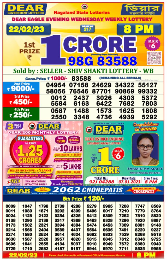 Dear Lottery Live Result 8 PM