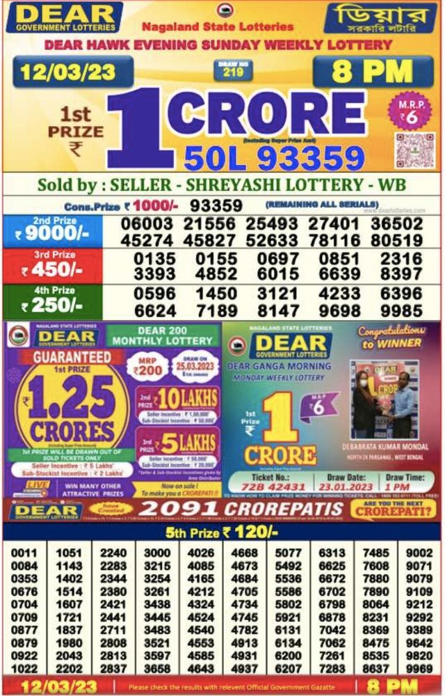Dear Lottery Result Today 6 Pm