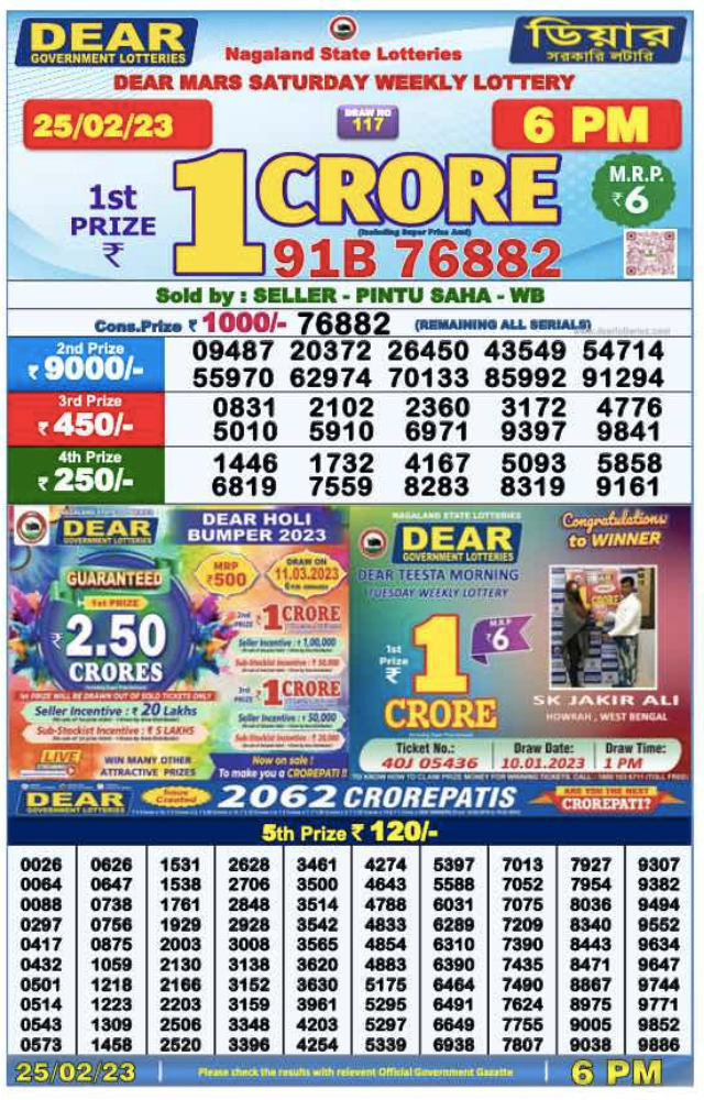 Dear Lottery Result Today 1 Pm